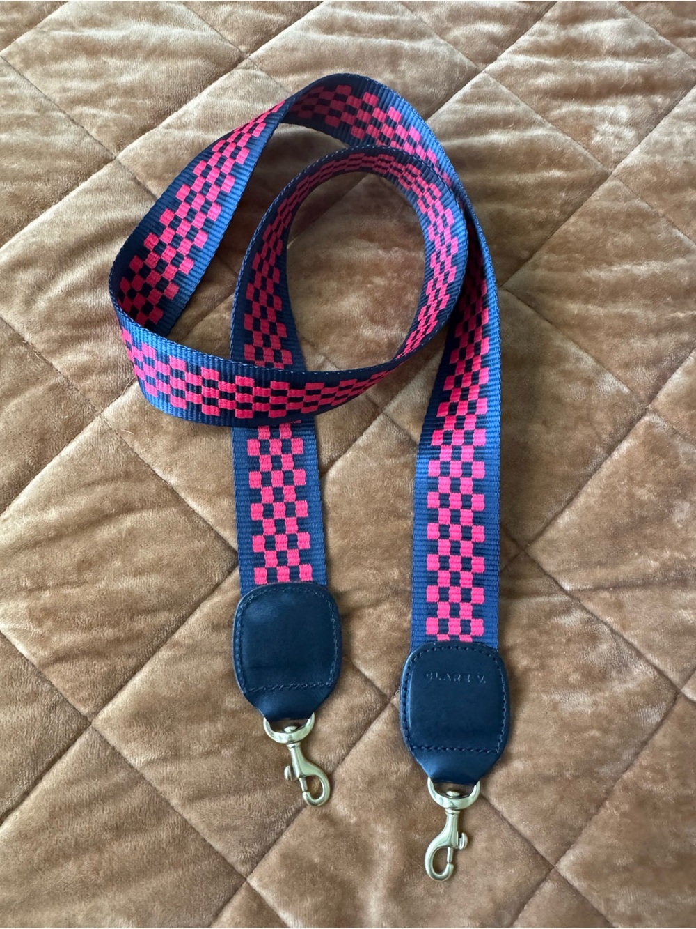 Clare V web bag strap. Red and Navy Checkered pattern. Gold hardware. NWOT